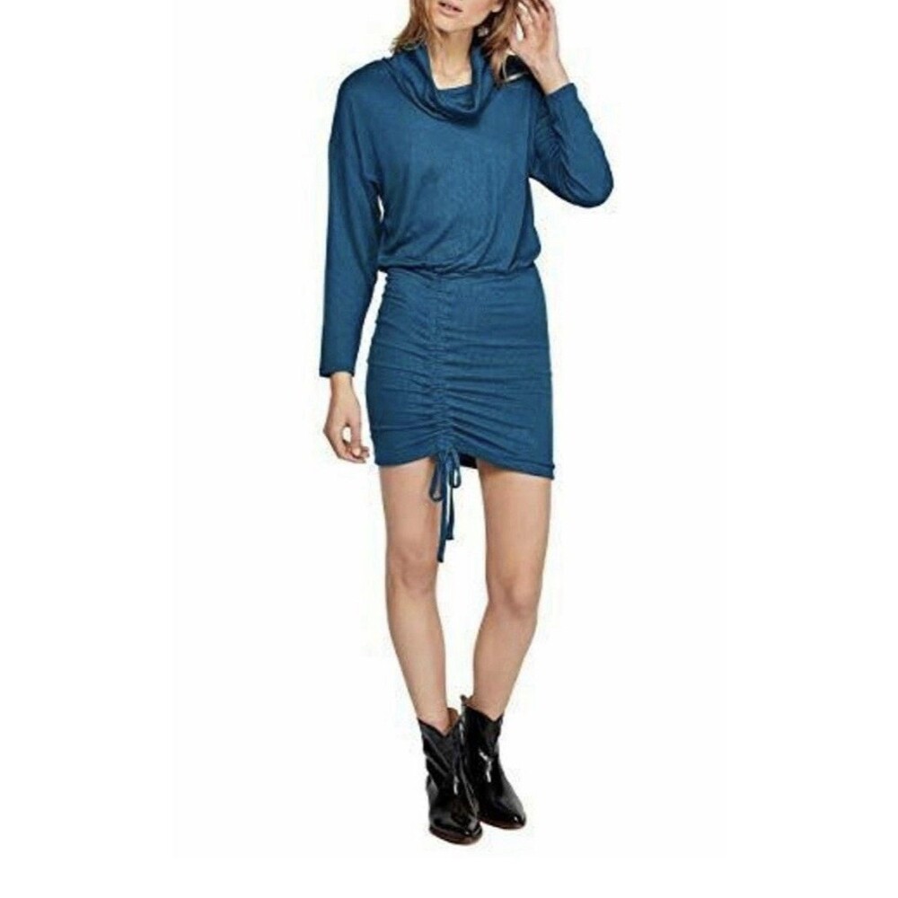 Free People Blue Teal Sundown Cowl Neck Ruched Mini Dress New Size S
